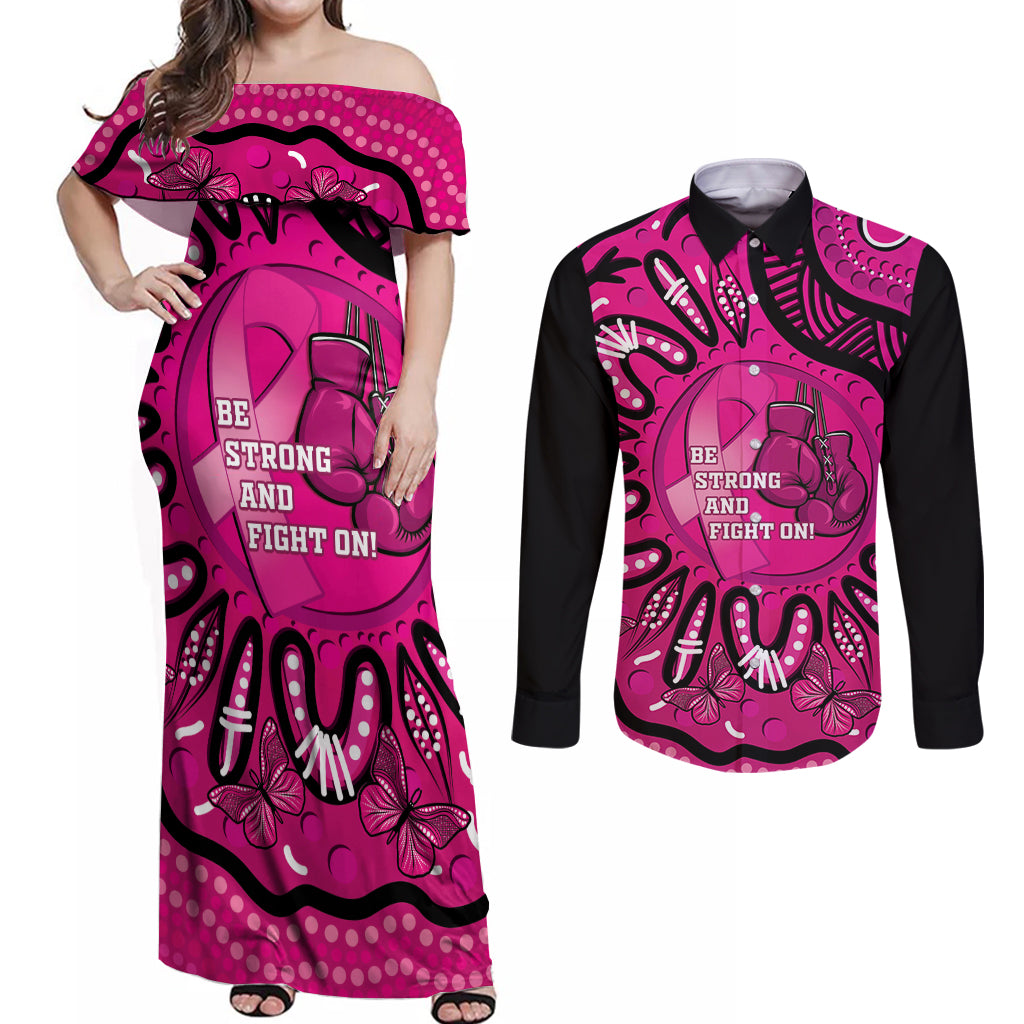 Personalised Australia Breast Cancer Couples Matching Off Shoulder Maxi Dress and Long Sleeve Button Shirt Pink Boxing Ribbon Be Strong And Fight On