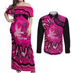 Personalised Australia Breast Cancer Couples Matching Off Shoulder Maxi Dress and Long Sleeve Button Shirt Pink Boxing Ribbon Be Strong And Fight On