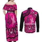 Personalised Australia Breast Cancer Couples Matching Off Shoulder Maxi Dress and Long Sleeve Button Shirt Pink Boxing Ribbon Be Strong And Fight On