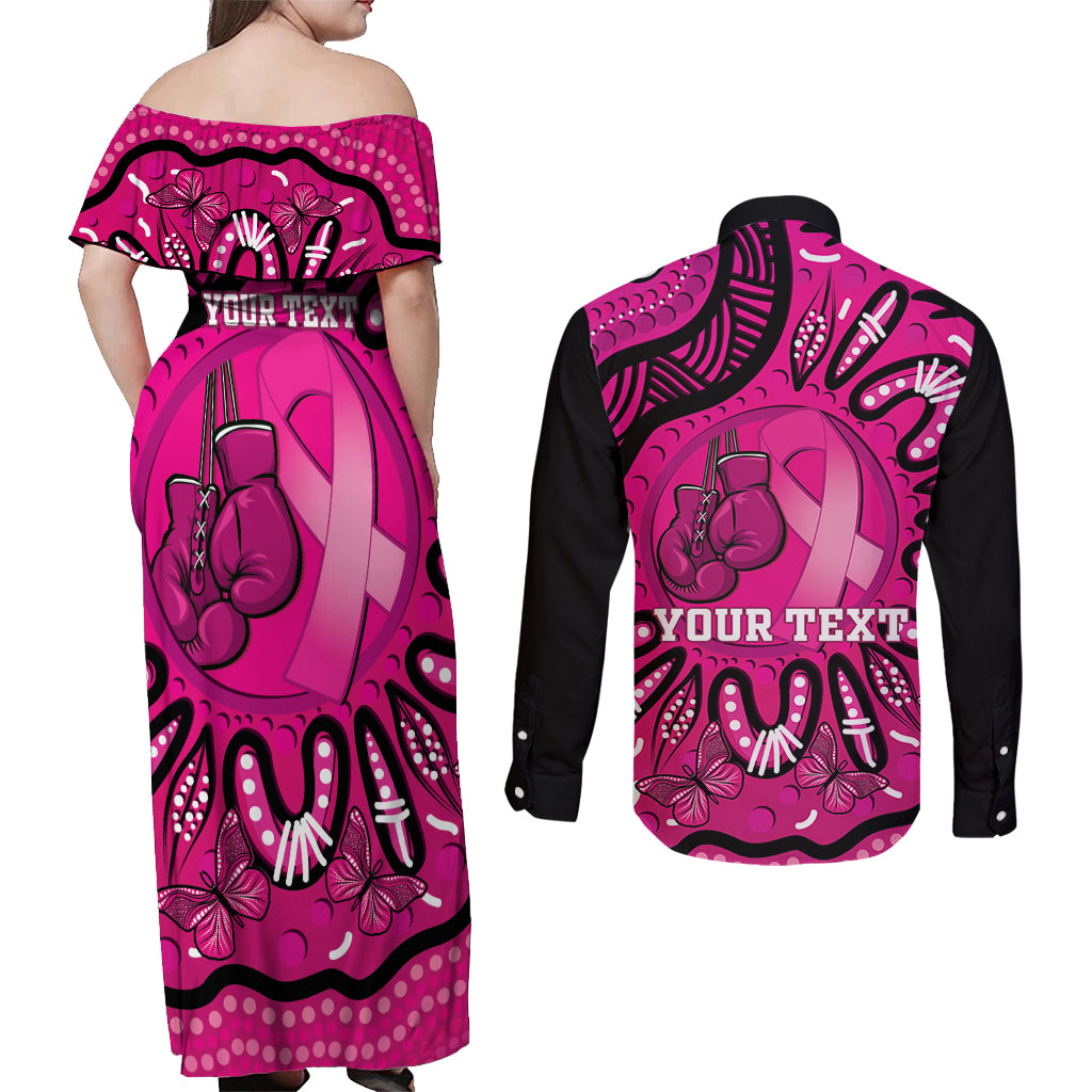 Personalised Australia Breast Cancer Couples Matching Off Shoulder Maxi Dress and Long Sleeve Button Shirt Pink Boxing Ribbon Be Strong And Fight On
