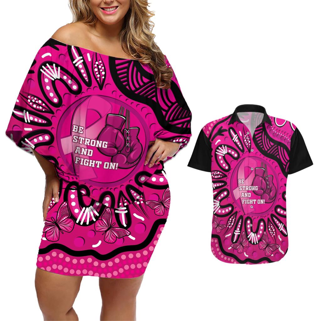 Personalised Australia Breast Cancer Couples Matching Off Shoulder Short Dress and Hawaiian Shirt Pink Boxing Ribbon Be Strong And Fight On