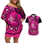 Personalised Australia Breast Cancer Couples Matching Off Shoulder Short Dress and Hawaiian Shirt Pink Boxing Ribbon Be Strong And Fight On