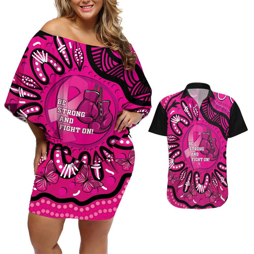 Personalised Australia Breast Cancer Couples Matching Off Shoulder Short Dress and Hawaiian Shirt Pink Boxing Ribbon Be Strong And Fight On