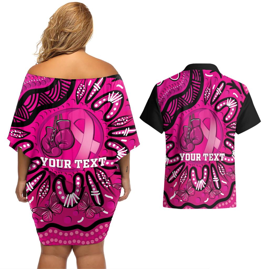Personalised Australia Breast Cancer Couples Matching Off Shoulder Short Dress and Hawaiian Shirt Pink Boxing Ribbon Be Strong And Fight On