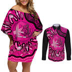 Personalised Australia Breast Cancer Couples Matching Off Shoulder Short Dress and Long Sleeve Button Shirt Pink Boxing Ribbon Be Strong And Fight On