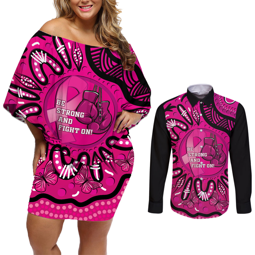 Personalised Australia Breast Cancer Couples Matching Off Shoulder Short Dress and Long Sleeve Button Shirt Pink Boxing Ribbon Be Strong And Fight On