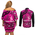 Personalised Australia Breast Cancer Couples Matching Off Shoulder Short Dress and Long Sleeve Button Shirt Pink Boxing Ribbon Be Strong And Fight On