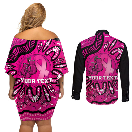 Personalised Australia Breast Cancer Couples Matching Off Shoulder Short Dress and Long Sleeve Button Shirt Pink Boxing Ribbon Be Strong And Fight On