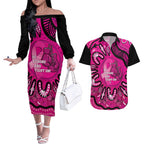 Personalised Australia Breast Cancer Couples Matching Off The Shoulder Long Sleeve Dress and Hawaiian Shirt Pink Boxing Ribbon Be Strong And Fight On