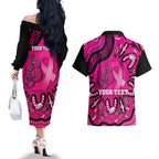 Personalised Australia Breast Cancer Couples Matching Off The Shoulder Long Sleeve Dress and Hawaiian Shirt Pink Boxing Ribbon Be Strong And Fight On