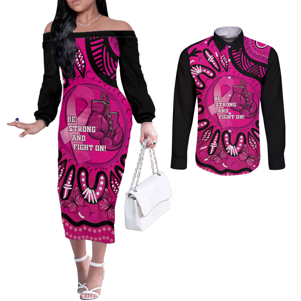 Personalised Australia Breast Cancer Couples Matching Off The Shoulder Long Sleeve Dress and Long Sleeve Button Shirt Pink Boxing Ribbon Be Strong And Fight On