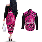 Personalised Australia Breast Cancer Couples Matching Off The Shoulder Long Sleeve Dress and Long Sleeve Button Shirt Pink Boxing Ribbon Be Strong And Fight On