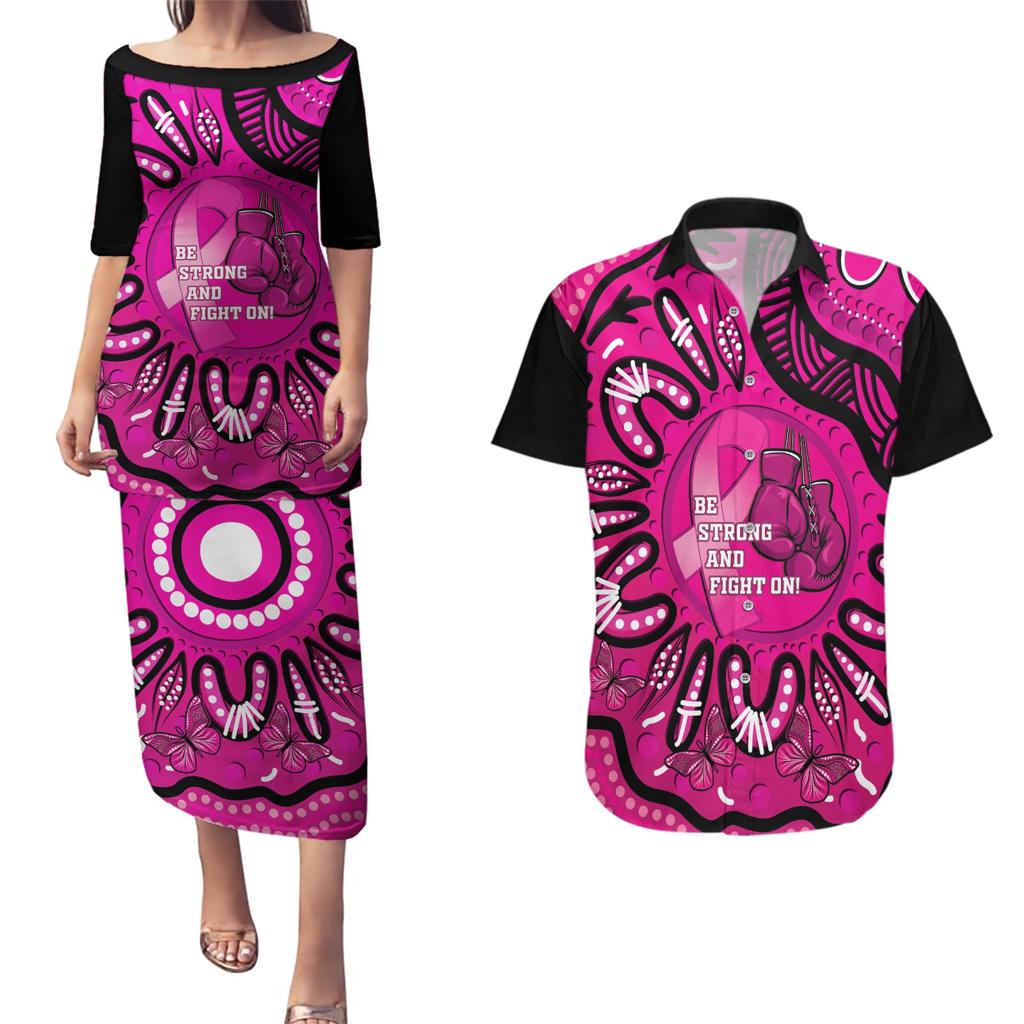 Personalised Australia Breast Cancer Couples Matching Puletasi and Hawaiian Shirt Pink Boxing Ribbon Be Strong And Fight On