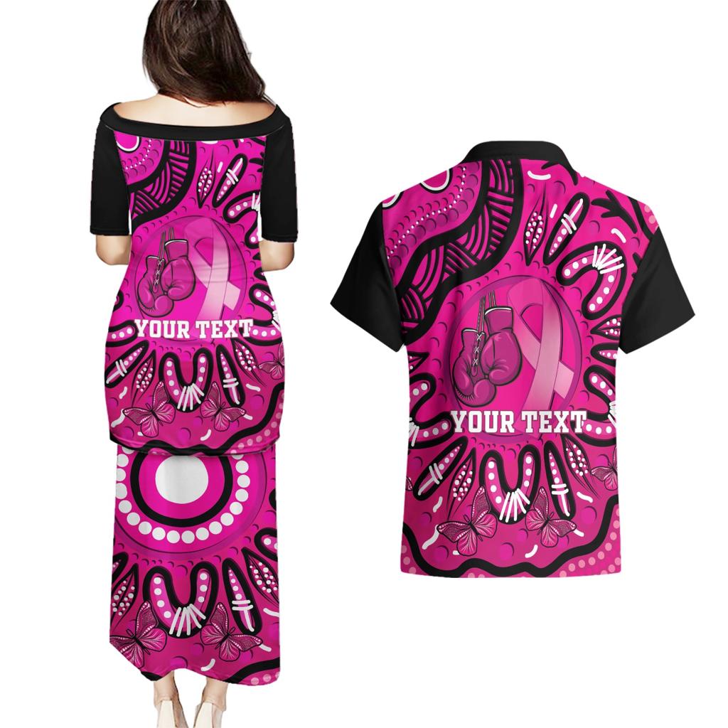 Personalised Australia Breast Cancer Couples Matching Puletasi and Hawaiian Shirt Pink Boxing Ribbon Be Strong And Fight On