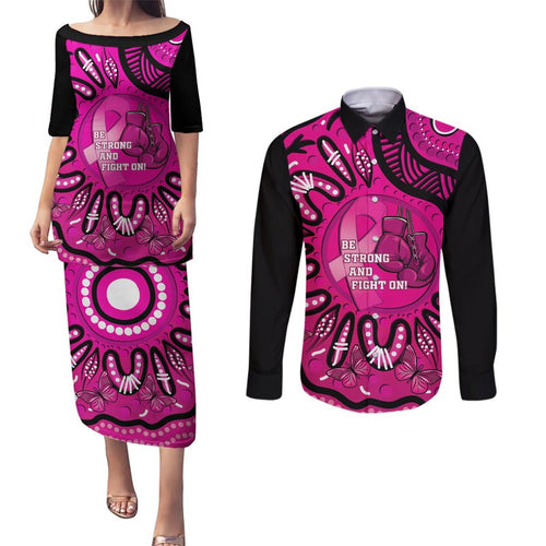 Personalised Australia Breast Cancer Couples Matching Puletasi and Long Sleeve Button Shirt Pink Boxing Ribbon Be Strong And Fight On