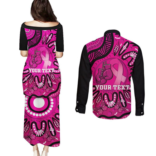 Personalised Australia Breast Cancer Couples Matching Puletasi and Long Sleeve Button Shirt Pink Boxing Ribbon Be Strong And Fight On