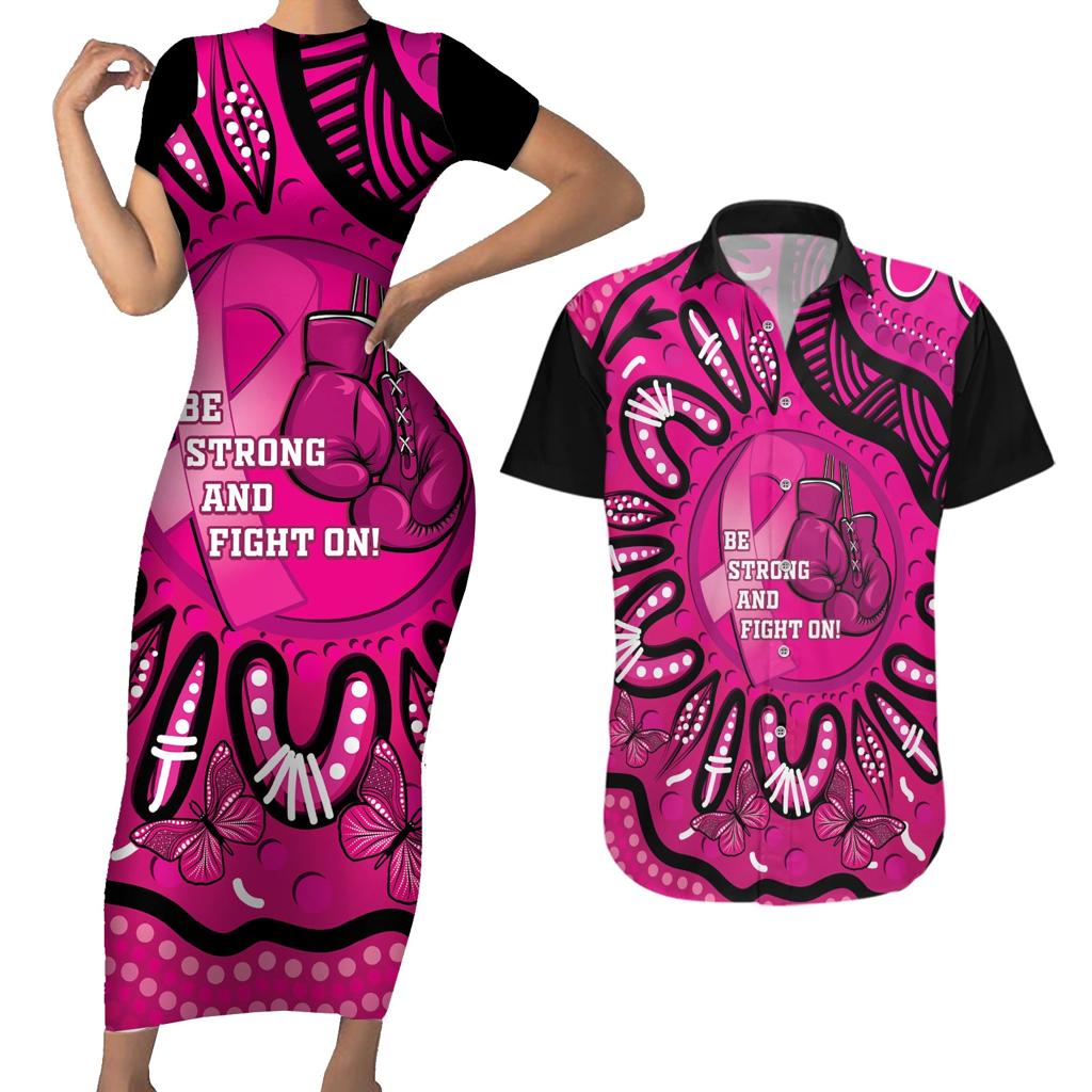 Personalised Australia Breast Cancer Couples Matching Short Sleeve Bodycon Dress and Hawaiian Shirt Pink Boxing Ribbon Be Strong And Fight On