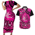 Personalised Australia Breast Cancer Couples Matching Short Sleeve Bodycon Dress and Hawaiian Shirt Pink Boxing Ribbon Be Strong And Fight On