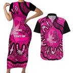 Personalised Australia Breast Cancer Couples Matching Short Sleeve Bodycon Dress and Hawaiian Shirt Pink Boxing Ribbon Be Strong And Fight On