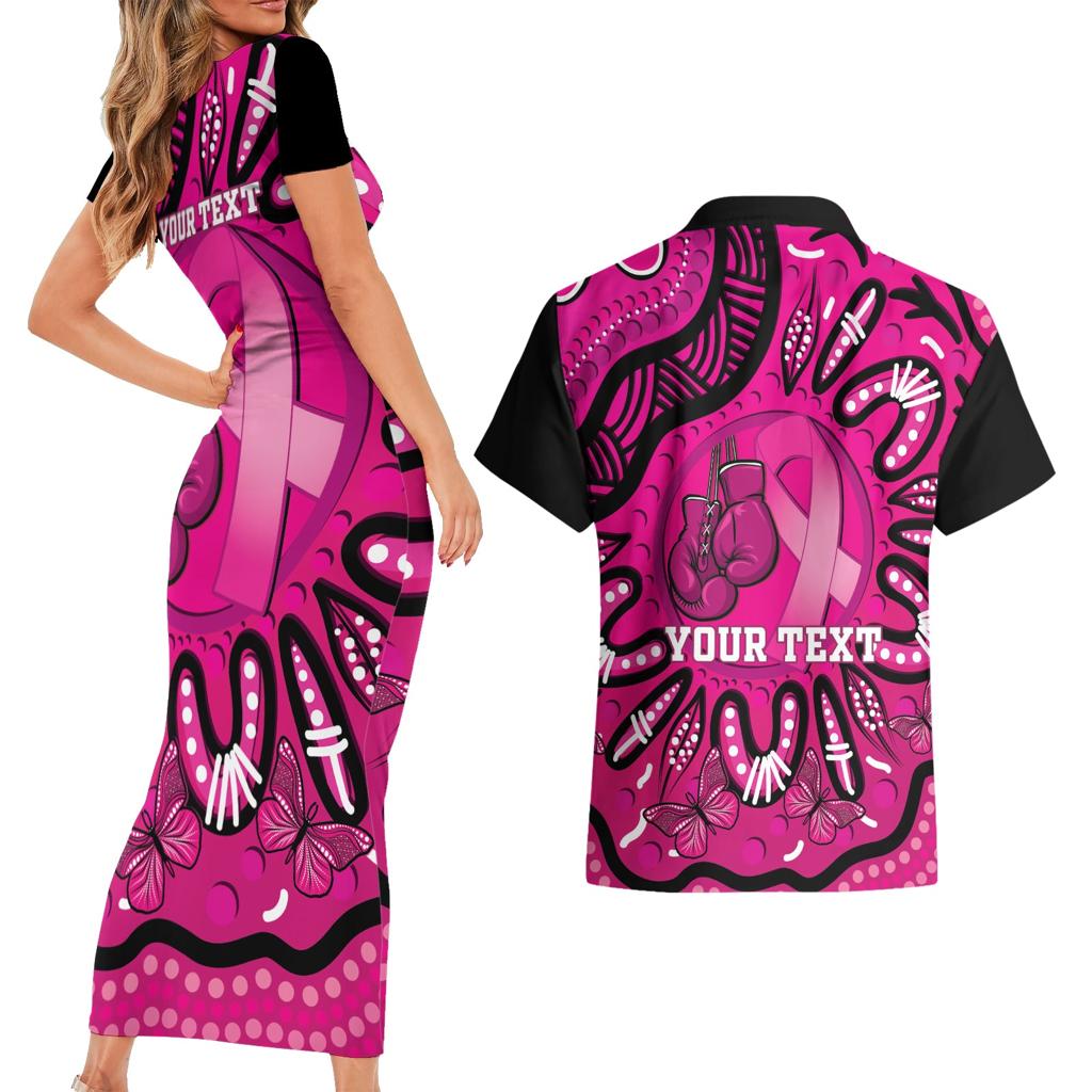 Personalised Australia Breast Cancer Couples Matching Short Sleeve Bodycon Dress and Hawaiian Shirt Pink Boxing Ribbon Be Strong And Fight On