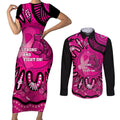 Personalised Australia Breast Cancer Couples Matching Short Sleeve Bodycon Dress and Long Sleeve Button Shirt Pink Boxing Ribbon Be Strong And Fight On