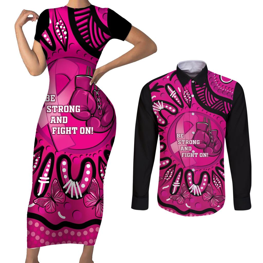Personalised Australia Breast Cancer Couples Matching Short Sleeve Bodycon Dress and Long Sleeve Button Shirt Pink Boxing Ribbon Be Strong And Fight On