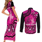 Personalised Australia Breast Cancer Couples Matching Short Sleeve Bodycon Dress and Long Sleeve Button Shirt Pink Boxing Ribbon Be Strong And Fight On