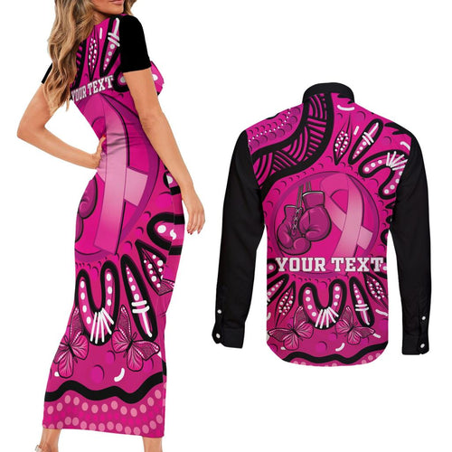 Personalised Australia Breast Cancer Couples Matching Short Sleeve Bodycon Dress and Long Sleeve Button Shirt Pink Boxing Ribbon Be Strong And Fight On