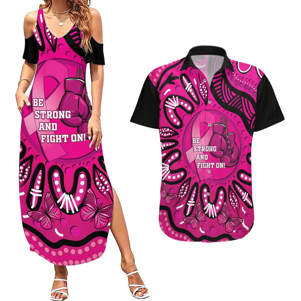 Personalised Australia Breast Cancer Couples Matching Summer Maxi Dress and Hawaiian Shirt Pink Boxing Ribbon Be Strong And Fight On