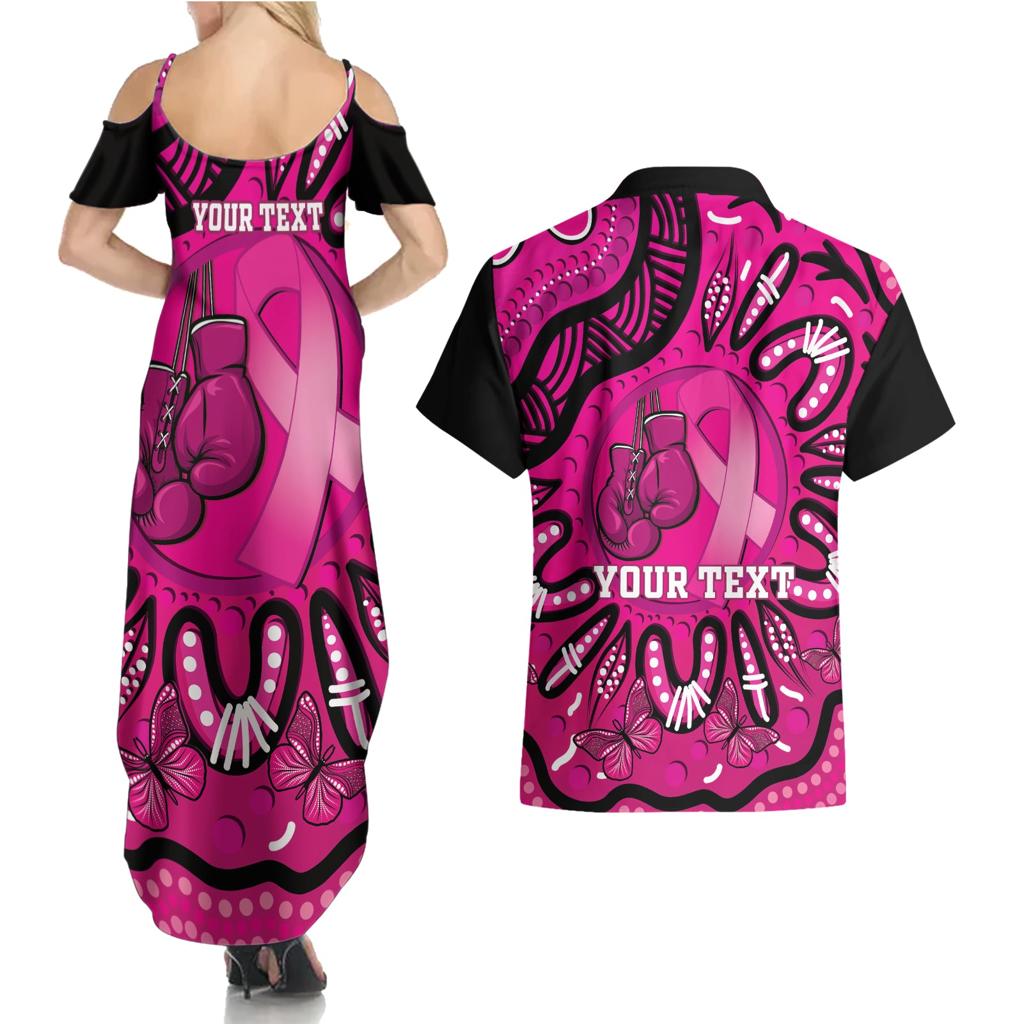 Personalised Australia Breast Cancer Couples Matching Summer Maxi Dress and Hawaiian Shirt Pink Boxing Ribbon Be Strong And Fight On