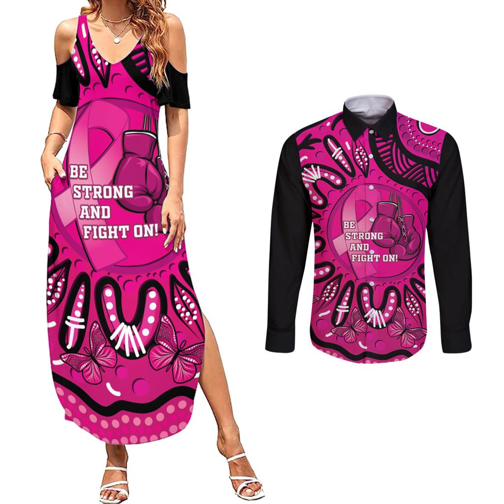 Personalised Australia Breast Cancer Couples Matching Summer Maxi Dress and Long Sleeve Button Shirt Pink Boxing Ribbon Be Strong And Fight On