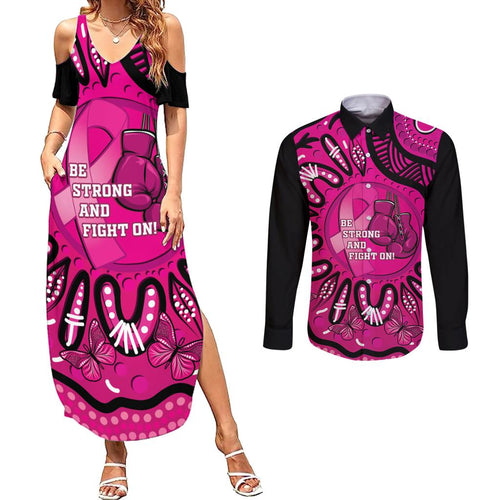 Personalised Australia Breast Cancer Couples Matching Summer Maxi Dress and Long Sleeve Button Shirt Pink Boxing Ribbon Be Strong And Fight On