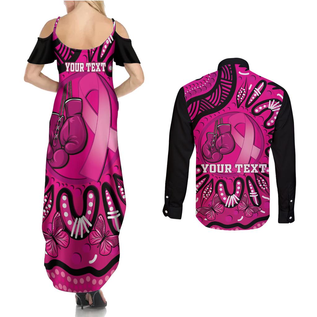 Personalised Australia Breast Cancer Couples Matching Summer Maxi Dress and Long Sleeve Button Shirt Pink Boxing Ribbon Be Strong And Fight On