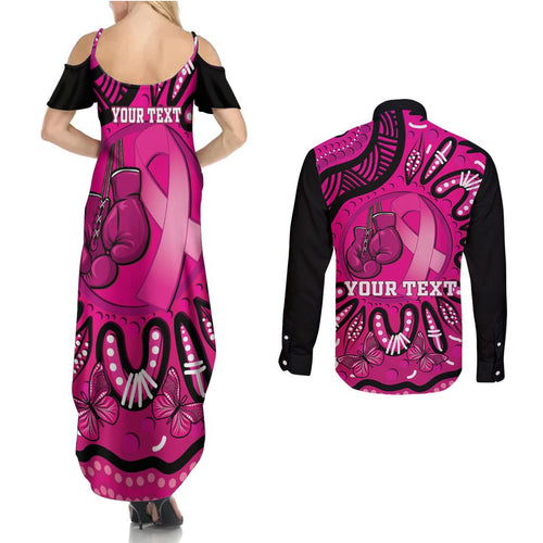 Personalised Australia Breast Cancer Couples Matching Summer Maxi Dress and Long Sleeve Button Shirt Pink Boxing Ribbon Be Strong And Fight On