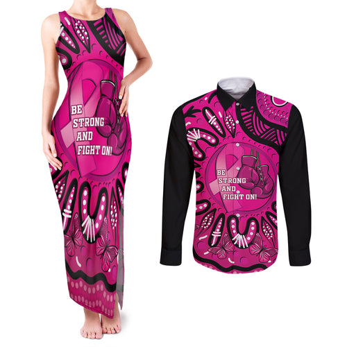 Personalised Australia Breast Cancer Couples Matching Tank Maxi Dress and Long Sleeve Button Shirt Pink Boxing Ribbon Be Strong And Fight On
