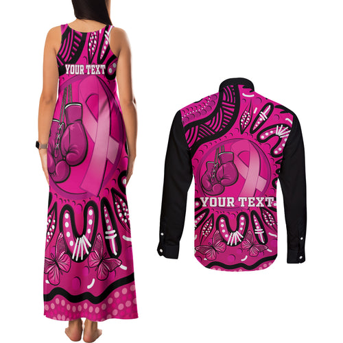 Personalised Australia Breast Cancer Couples Matching Tank Maxi Dress and Long Sleeve Button Shirt Pink Boxing Ribbon Be Strong And Fight On