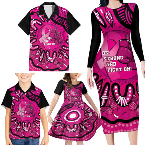 Personalised Australia Breast Cancer Family Matching Long Sleeve Bodycon Dress and Hawaiian Shirt Pink Boxing Ribbon Be Strong And Fight On