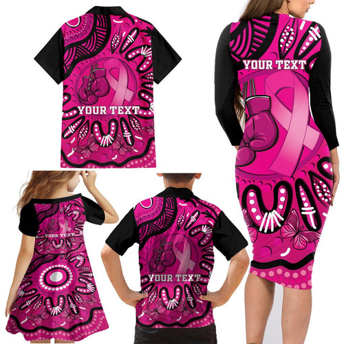 Personalised Australia Breast Cancer Family Matching Long Sleeve Bodycon Dress and Hawaiian Shirt Pink Boxing Ribbon Be Strong And Fight On