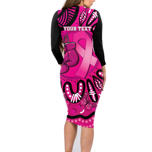 Personalised Australia Breast Cancer Family Matching Long Sleeve Bodycon Dress and Hawaiian Shirt Pink Boxing Ribbon Be Strong And Fight On