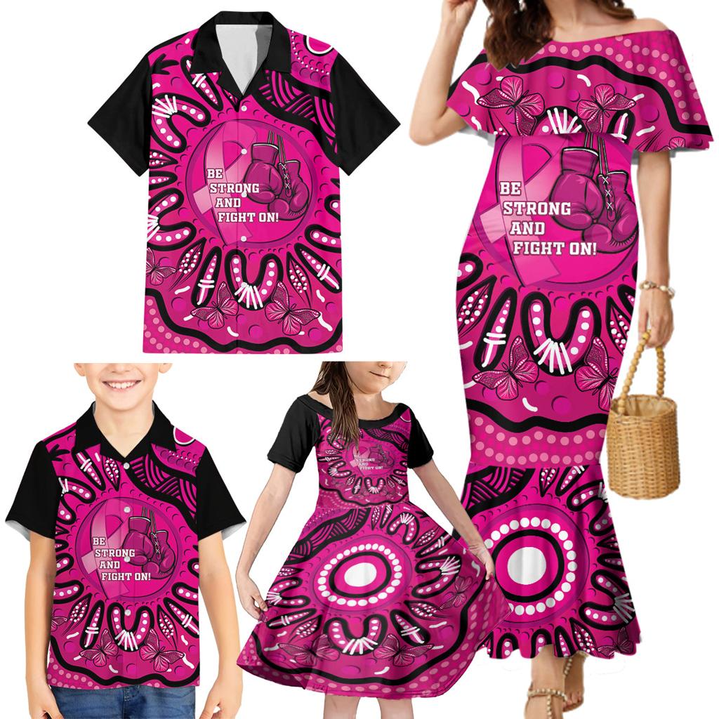 Personalised Australia Breast Cancer Family Matching Mermaid Dress and Hawaiian Shirt Pink Boxing Ribbon Be Strong And Fight On