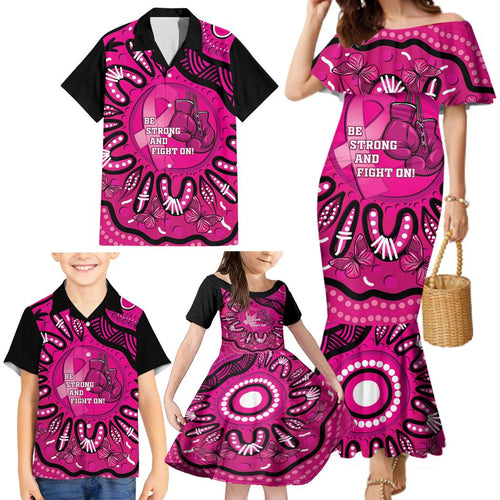 Personalised Australia Breast Cancer Family Matching Mermaid Dress and Hawaiian Shirt Pink Boxing Ribbon Be Strong And Fight On