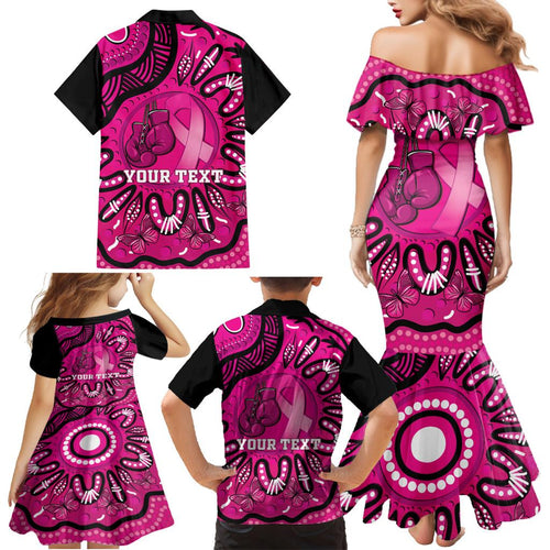 Personalised Australia Breast Cancer Family Matching Mermaid Dress and Hawaiian Shirt Pink Boxing Ribbon Be Strong And Fight On