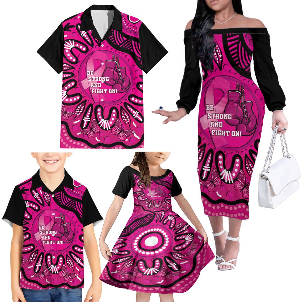 Personalised Australia Breast Cancer Family Matching Off The Shoulder Long Sleeve Dress and Hawaiian Shirt Pink Boxing Ribbon Be Strong And Fight On