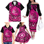 Personalised Australia Breast Cancer Family Matching Off The Shoulder Long Sleeve Dress and Hawaiian Shirt Pink Boxing Ribbon Be Strong And Fight On