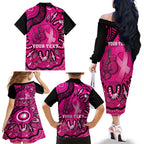 Personalised Australia Breast Cancer Family Matching Off The Shoulder Long Sleeve Dress and Hawaiian Shirt Pink Boxing Ribbon Be Strong And Fight On