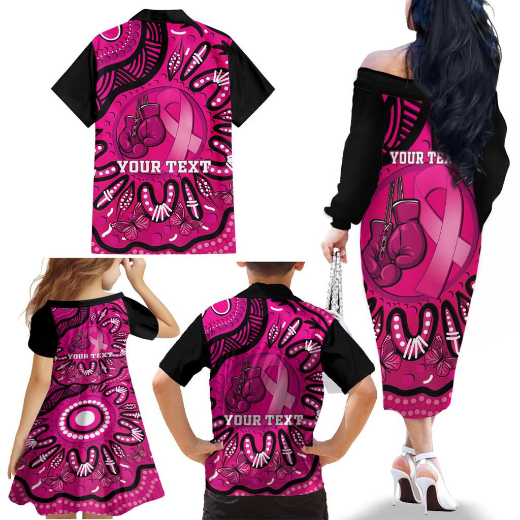 Personalised Australia Breast Cancer Family Matching Off The Shoulder Long Sleeve Dress and Hawaiian Shirt Pink Boxing Ribbon Be Strong And Fight On