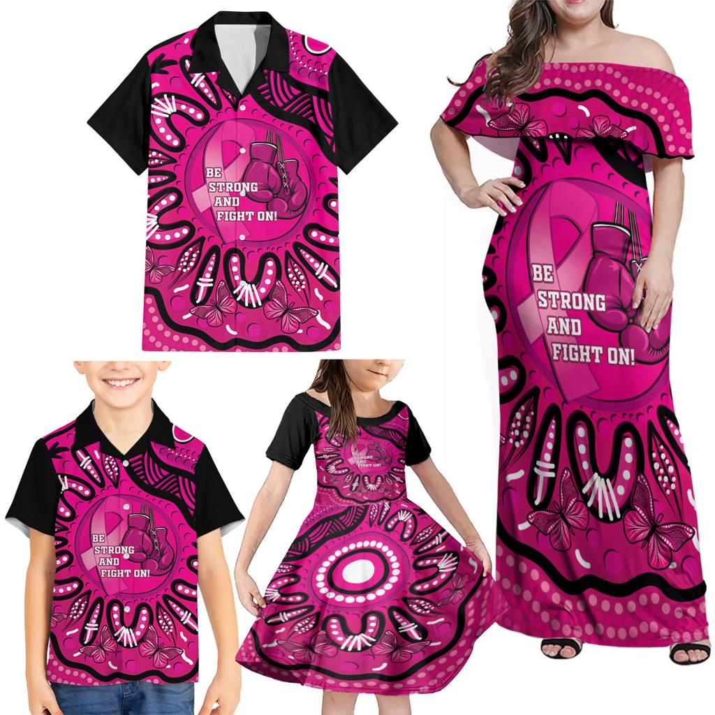 Personalised Australia Breast Cancer Family Matching Off Shoulder Maxi Dress and Hawaiian Shirt Pink Boxing Ribbon Be Strong And Fight On
