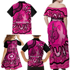 Personalised Australia Breast Cancer Family Matching Off Shoulder Maxi Dress and Hawaiian Shirt Pink Boxing Ribbon Be Strong And Fight On