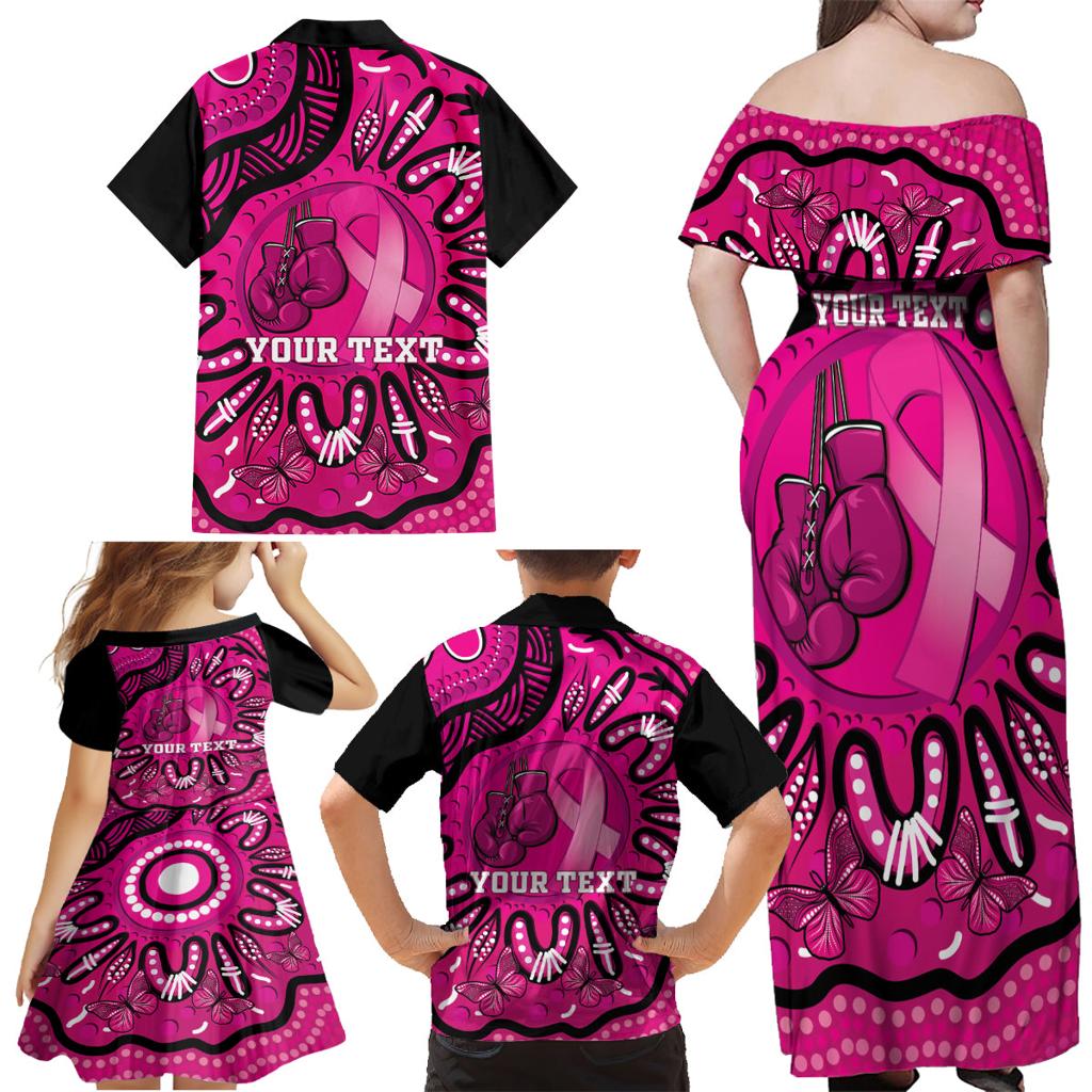 Personalised Australia Breast Cancer Family Matching Off Shoulder Maxi Dress and Hawaiian Shirt Pink Boxing Ribbon Be Strong And Fight On