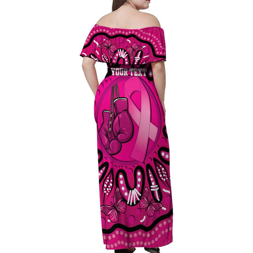 Personalised Australia Breast Cancer Family Matching Off Shoulder Maxi Dress and Hawaiian Shirt Pink Boxing Ribbon Be Strong And Fight On